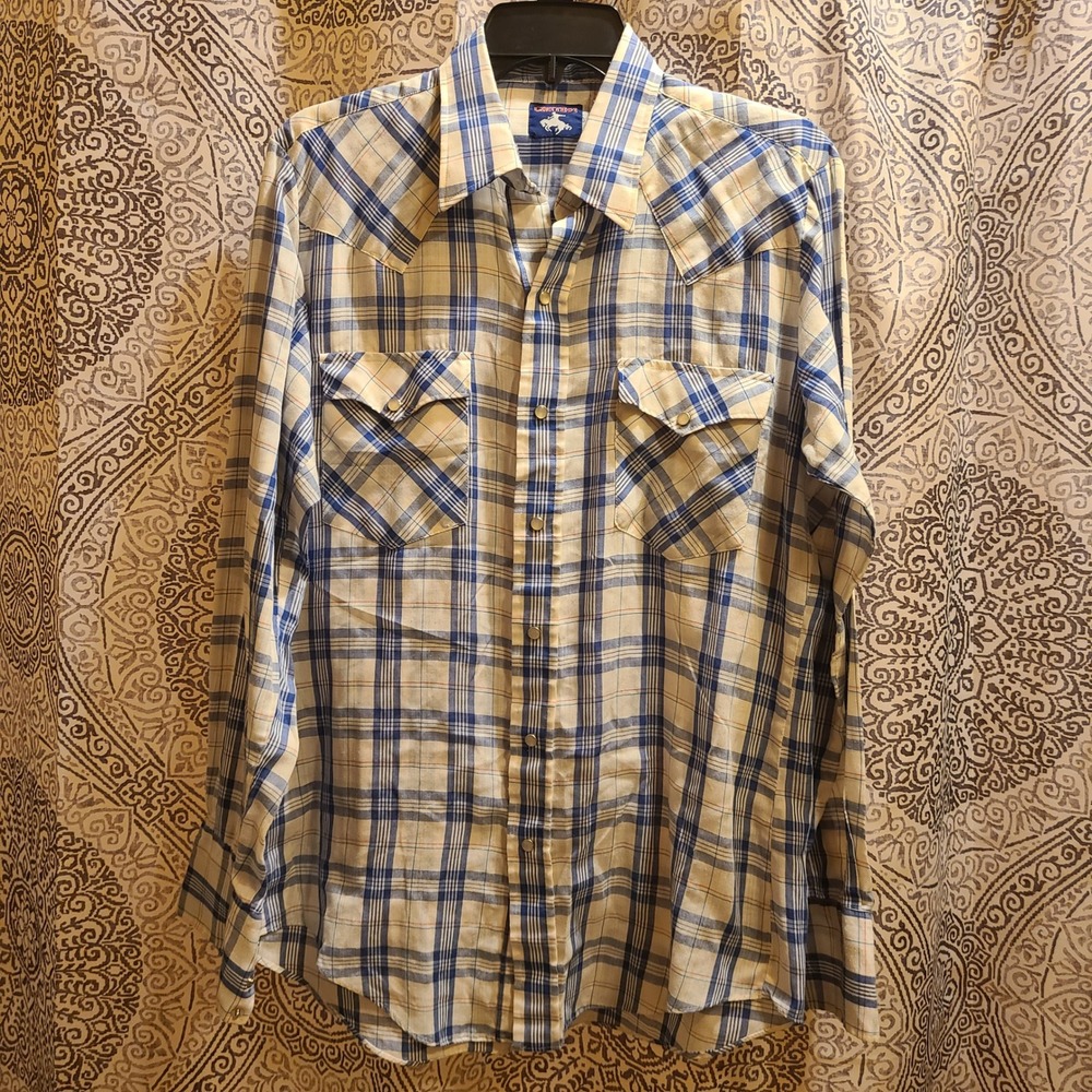 Vtg Chute 1 Western Shirt Men L Blue Plaid Pearl Snap Vintage Long Sleeve Cowboy - Picture 1 of 8
